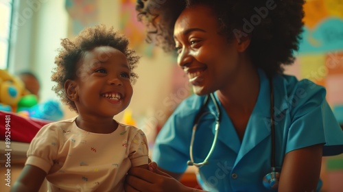 A nurse in a pediatric ward is engaging with a joyful child, providing happiness and comfort in a caring manner