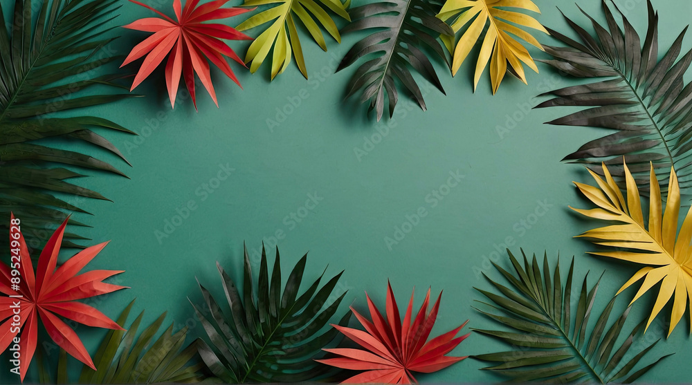 tropical green leaves of different sizes on a plain blue background tropical green leaves of different sizes on a plain blue background