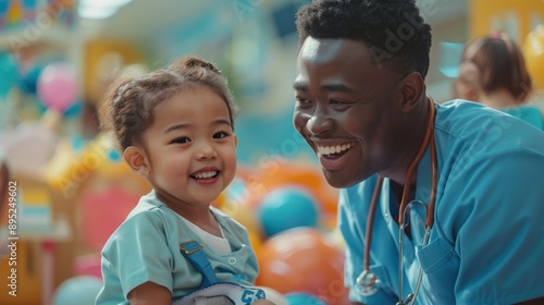 A colorful hospital setting where a doctor interacts with a child, fostering a positive and caring atmosphere