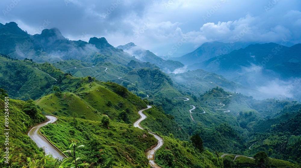 Naklejka premium A winding mountain road snaking its way up to a remote summit, revealing breathtaking views of lush valleys and distant, snow-dusted peaks, aerial road
