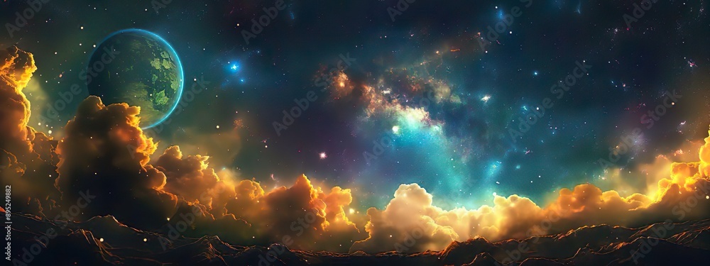 Fototapeta premium A cosmic landscape with colorful nebulae and distant planets
