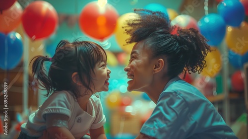 A happy mother and daughter are smiling during a festive birthday celebration surrounded by colorful balloons