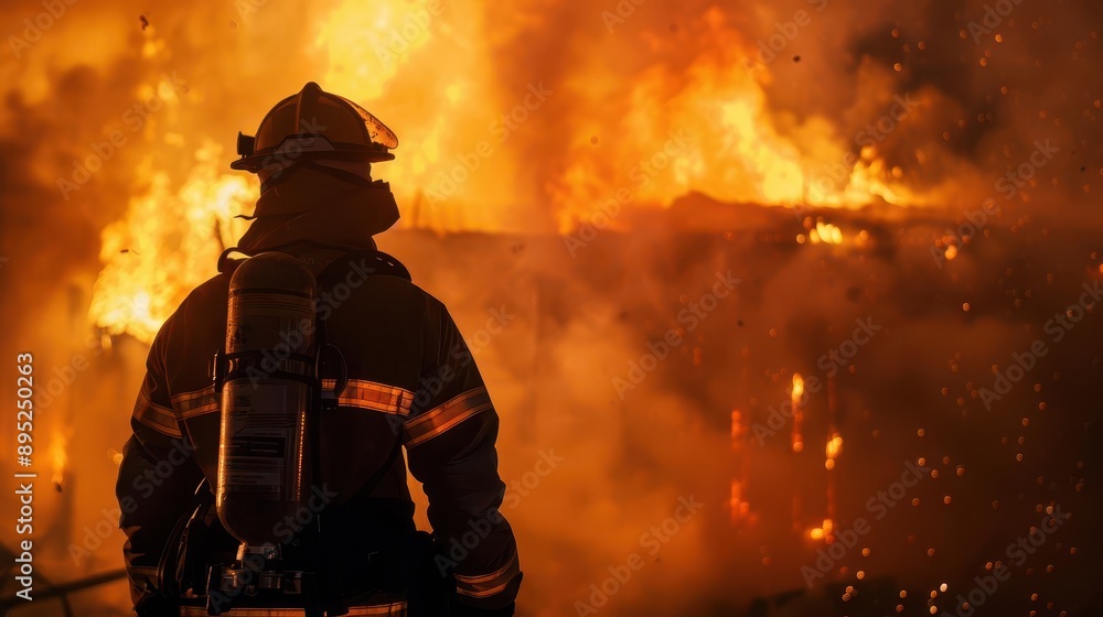 a firefighter in full gear observes a burning building from behind silhouetted against the flames dramatic lighting smokefilled air and intense orange glow create a tense atmosphere a firefighter in full gear observes a burning building from behind silhouetted against the flames dramatic lighting smokefilled air and intense orange glow create a tense atmosphere