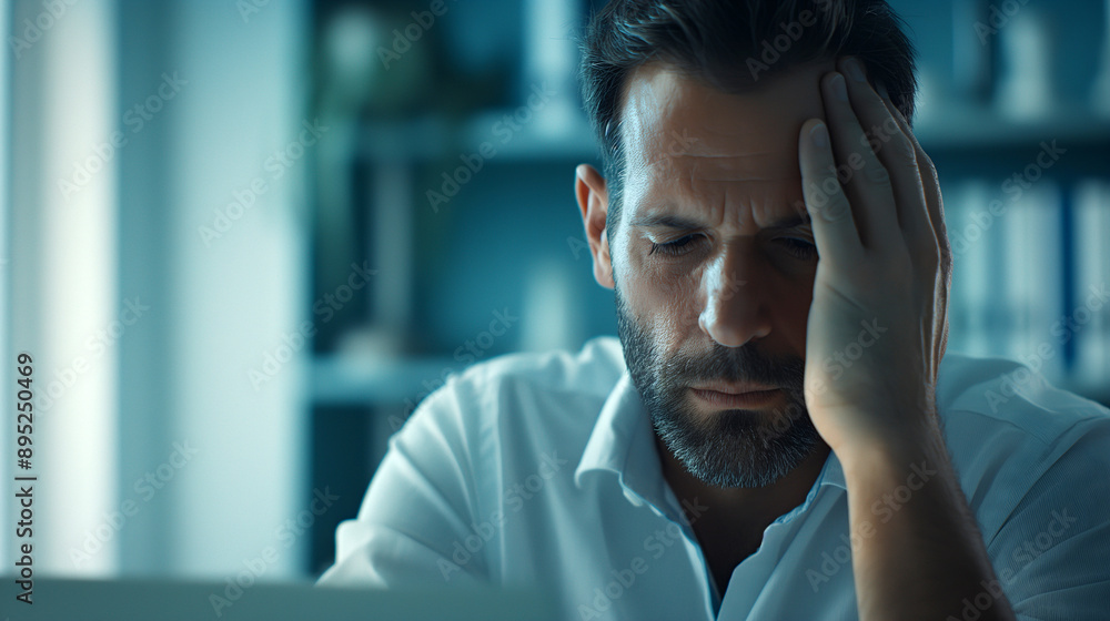 A weary man sits at his desk, hand on forehead, as he works into the night, showing exhaustion from overwork, pressure, burnout concept - Generative AI A weary man sits at his desk, hand on forehead, as he works into the night, showing exhaustion from overwork, pressure, burnout concept - Generative AI