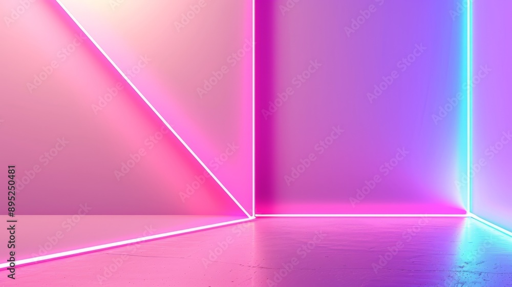 Abstract empty room with pink and purple neon lights glowing on walls Abstract empty room with pink and purple neon lights glowing on walls