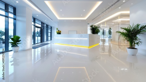 A large, empty lobby with a yellow border. The walls are white and the floor is white. There are potted plants in the room, one on the left and one on the right