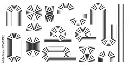 Archway and round lines and shapes. Arch, circle and semicircle geometric figures in trendy boho style. Minimalistic design elements for modern templates. Vector graphic illustration.
