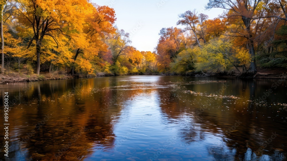 A river with trees on both sides and a reflection of the trees in the water. The water is calm and the trees are in full autumn color A river with trees on both sides and a reflection of the trees in the water. The water is calm and the trees are in full autumn color