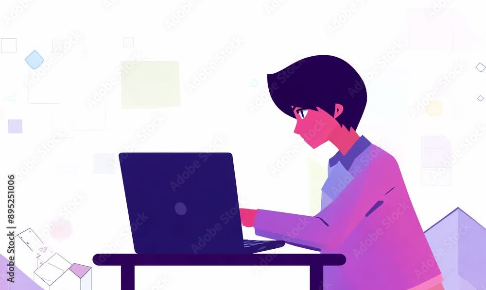 Young man working on laptop at home. Vector illustration in flat style Young man working on laptop at home. Vector illustration in flat style