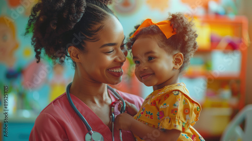 A caring pediatrician warmly interacts with a cheerful child in a colorful clinic, creating an uplifting environment