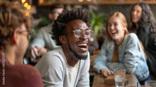 person laughing with a group of colleagues in the rest area generative ai