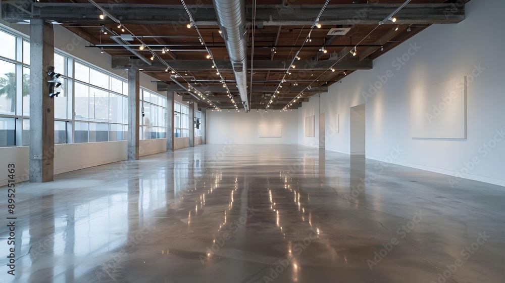 View of Spacious, empty showroom with a polished concrete floor, exposed ...
