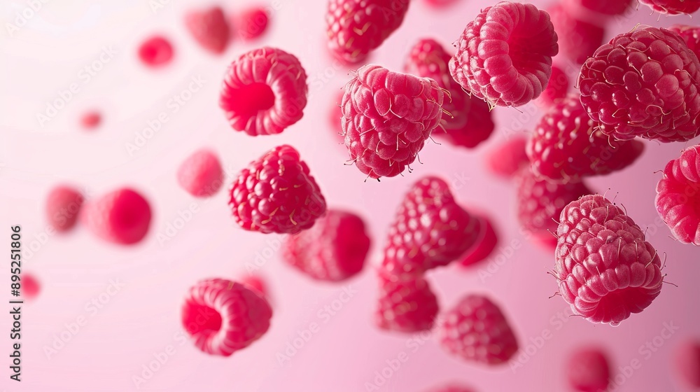 Ripe raspberries are falling on a soft pink background, creating a ...