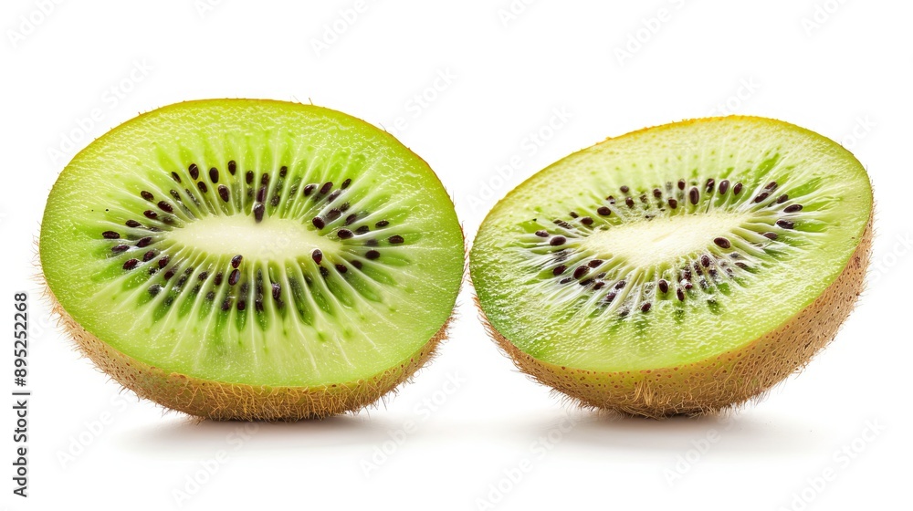 Two kiwi slices are isolated on a white background. They are cut perfectly and have a full depth of field. Two kiwi slices are isolated on a white background. They are cut perfectly and have a full depth of field.