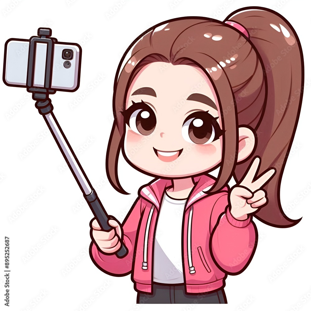 A woman taking a selfie with a selfie stick. Generative AI A woman taking a selfie with a selfie stick. Generative AI