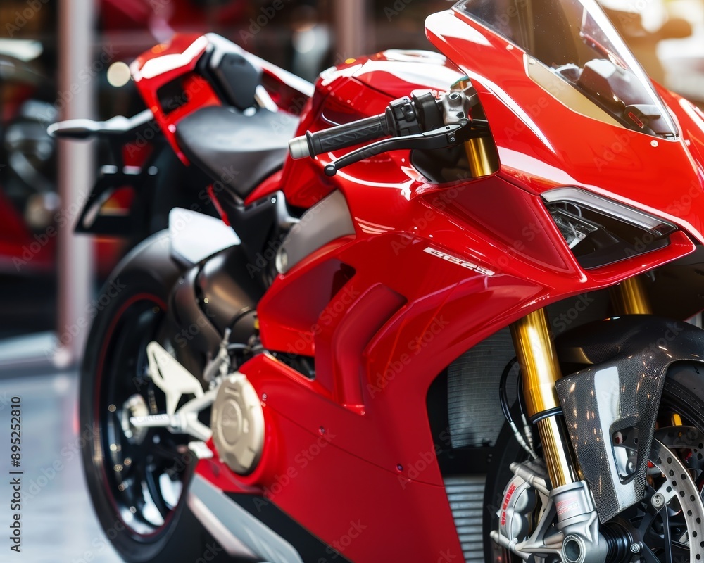 Modern speed motorbike in showroom with engine details as wide banner including copy space area Modern speed motorbike in showroom with engine details as wide banner including copy space area