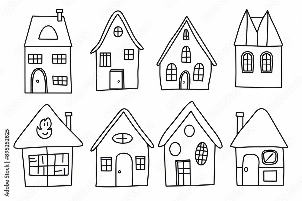 Serene village landscape with minimalist outlines of simple houses in light gray tone Serene village landscape with minimalist outlines of simple houses in light gray tone