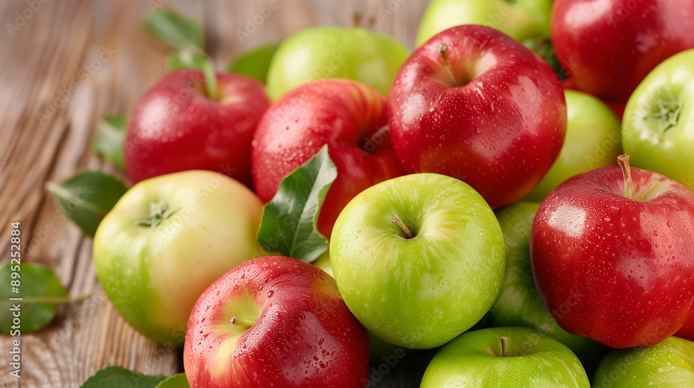 Fresh Apples and Fruit Pile on Wooden Table. Delicious Red and Green Apples with Leaves Close-Up of Juicy Fruits in Natural Environment Fresh Apples and Fruit Pile on Wooden Table. Delicious Red and Green Apples with Leaves Close-Up of Juicy Fruits in Natural Environment