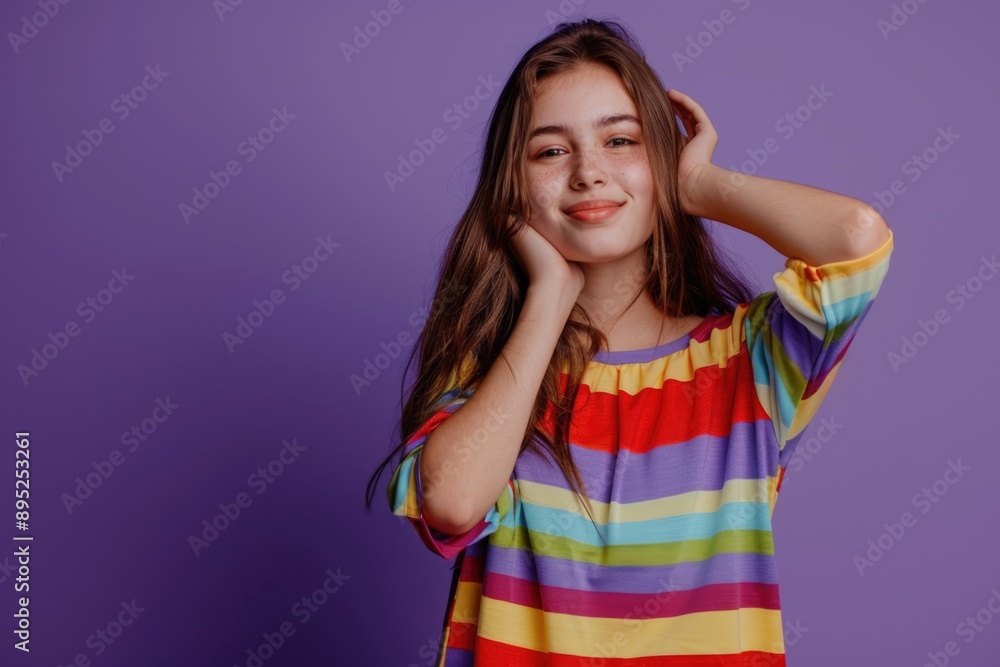 A young girl smiling and posing for a photo wearing a bright colored shirt A young girl smiling and posing for a photo wearing a bright colored shirt