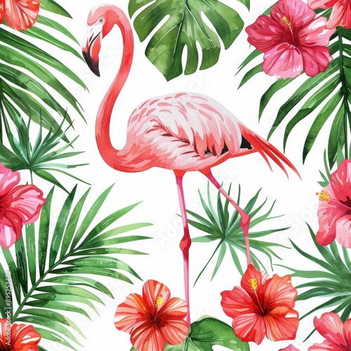 Hand-drawn watercolor illustration of tropical seamless pattern with flamingos
