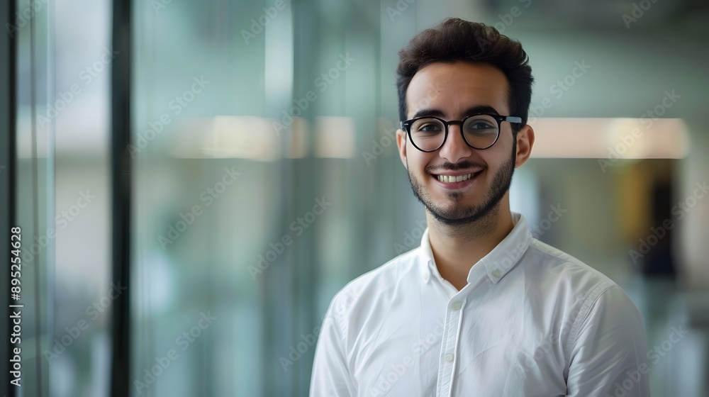 Happy young businessman in an office wearing glasses and a white shirt. Happy young businessman in an office wearing glasses and a white shirt.