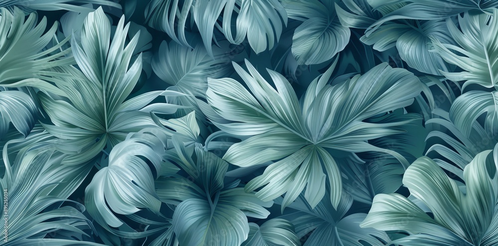 Seamless tropical pattern with pastel blue mint palm leaves on a mint background. Hand-drawn vintage illustration and texture for luxury wallpapers, wrapping papers, cloth, and fabrics. Seamless tropical pattern with pastel blue mint palm leaves on a mint background. Hand-drawn vintage illustration and texture for luxury wallpapers, wrapping papers, cloth, and fabrics.