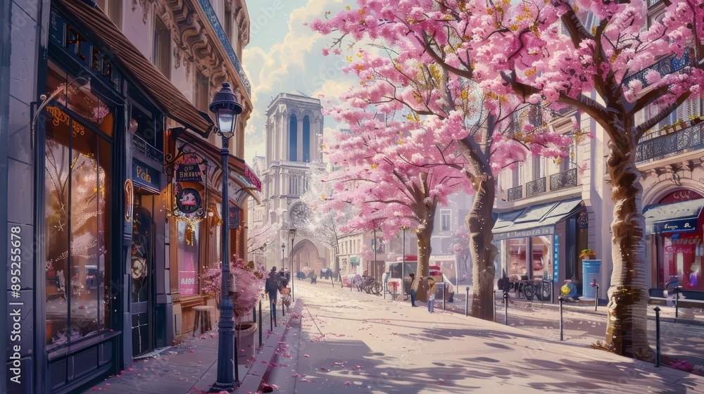 Fototapeta premium Charming parisian street adorned with beautiful blooming flowers in the vibrant colors of spring
