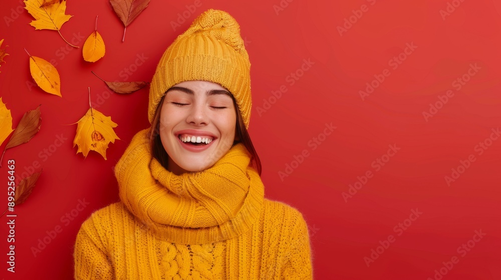 beautiful woman smiling at the camera and wrapped in autumn colors with yellow leaves on red background beautiful woman smiling at the camera and wrapped in autumn colors with yellow leaves on red background
