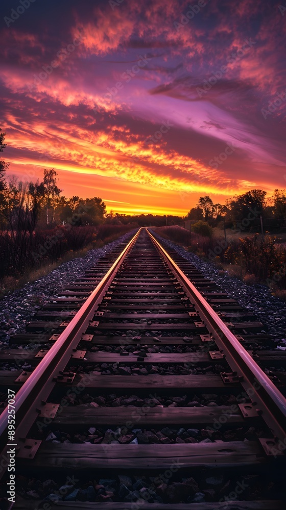 Fototapeta premium Railway Track at Sunset Showing a Long Journey.