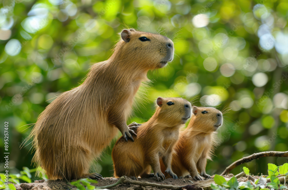 Three brown capybaras in the wild. Cute capybaras Three brown capybaras in the wild. Cute capybaras