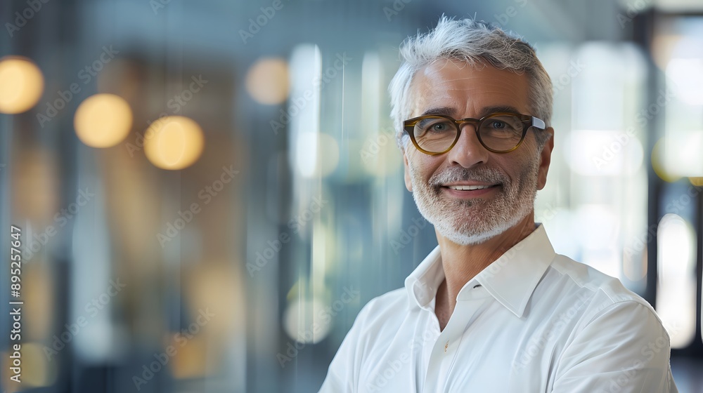 Fototapeta premium Happy Old Businessman in Office with Glasses and White Shirt