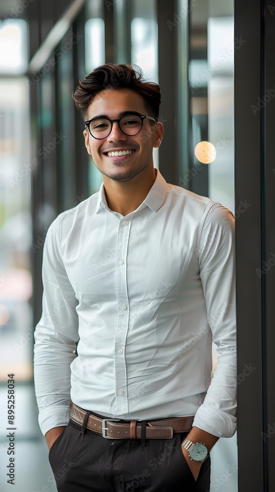 happy Young Latino Man in Office with Glasses