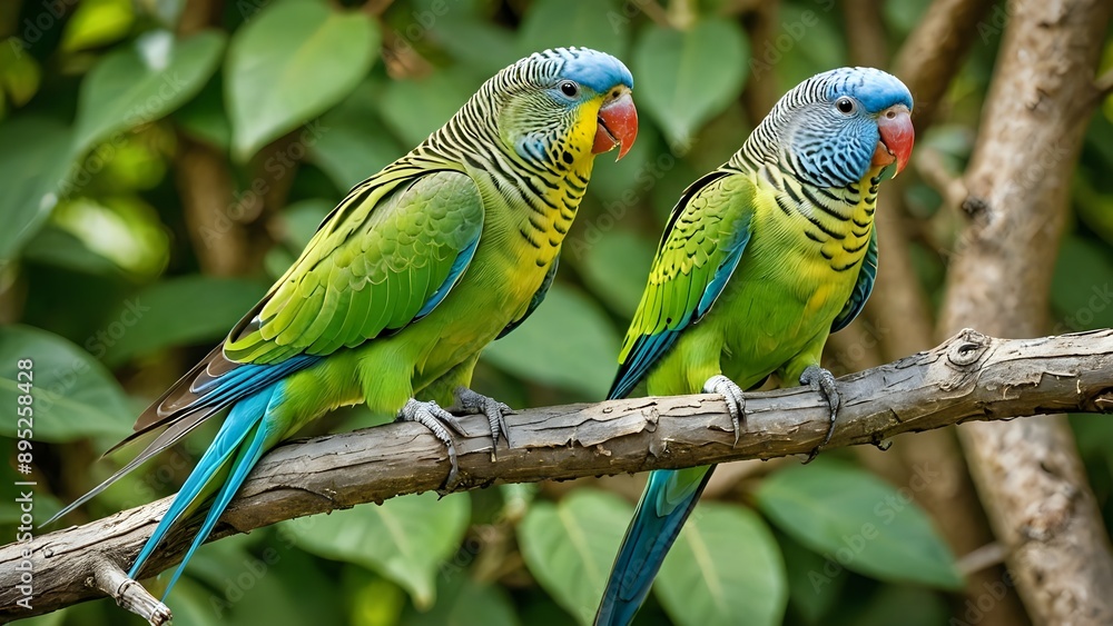 Obraz premium Two colorful parrots perched on a branch in a green leafy forest.