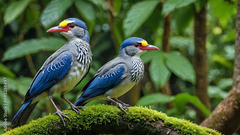 Two beautiful blue and yellow birds perched on a mossy branch in a lush green forest. Two beautiful blue and yellow birds perched on a mossy branch in a lush green forest.