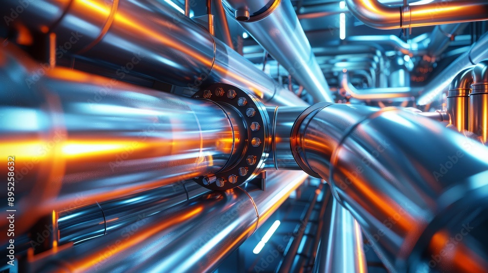 Industrial pipeline interior with glowing neon lights and steel pipes in a futuristic factory environment Industrial pipeline interior with glowing neon lights and steel pipes in a futuristic factory environment