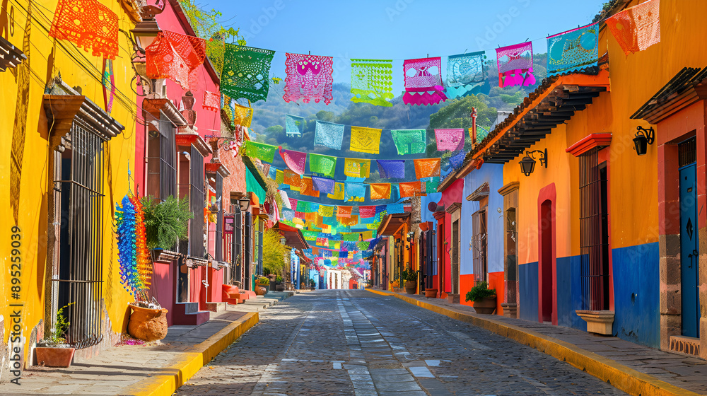 Fototapeta premium calle de un pueblo pintoresco y tradicional con cultura mexicana con decoracion de papel picado viajes y conociendo el mundo