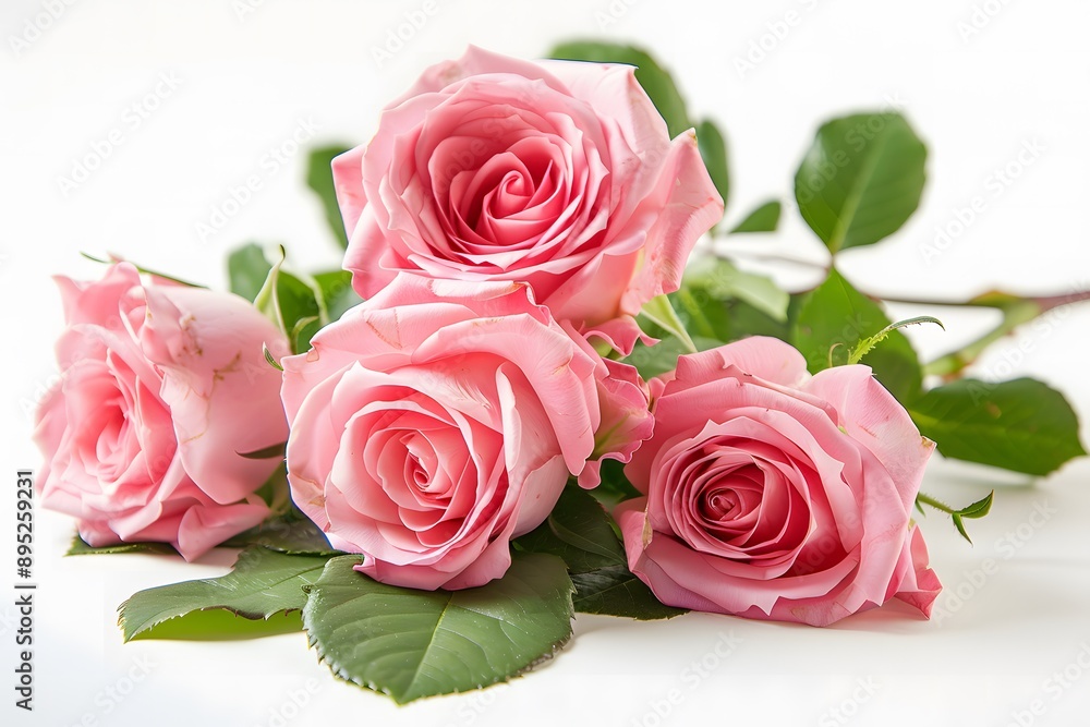 Beautiful Pink Roses with Green Leaves on White Background Beautiful Pink Roses with Green Leaves on White Background