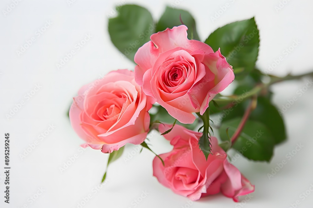 Beautiful Pink Roses with Green Leaves on White Background Beautiful Pink Roses with Green Leaves on White Background