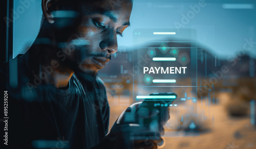 Secure Online Payment Transaction Process concept. Person confirming a secure online payment using a credit card through a digital interface with verification tick symbol. Internet banking, fintech,