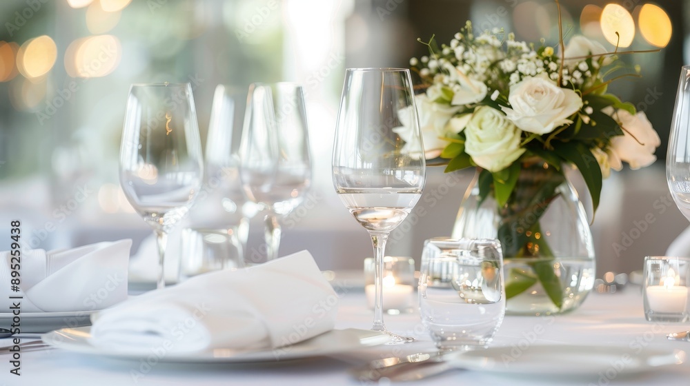 Fine dining table set with elegant, contemporary tableware, chic centerpiece with exotic flowers, ambient lighting, and sophisticated, clean-lined decor Fine dining table set with elegant, contemporary tableware, chic centerpiece with exotic flowers, ambient lighting, and sophisticated, clean-lined decor