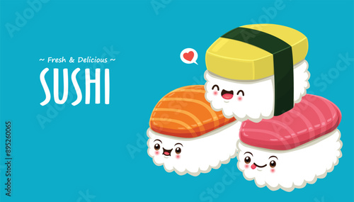 Vintage Sushi character poster design template.