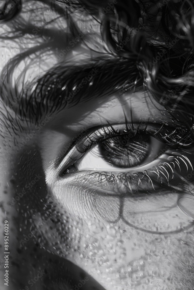 Obraz premium A close-up shot of a person's eye with water droplets on the surface, suitable for use in health or beauty related contexts