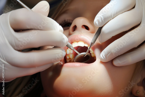 A dentist examines a girl's teeth at a dental clinic. The concept of healthy teeth