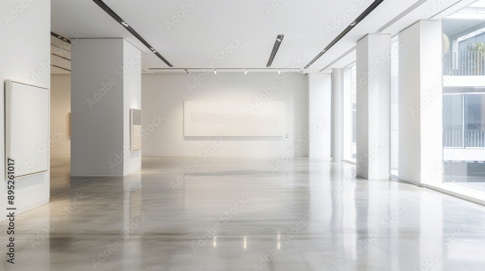 View of Contemporary art gallery with minimalist displays, spotlighting cutting ...
