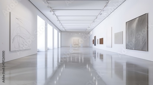 Contemporary art gallery with minimalist displays, spotlighting cutting-edge artworks on pristine white walls, and a sleek polished concrete floor