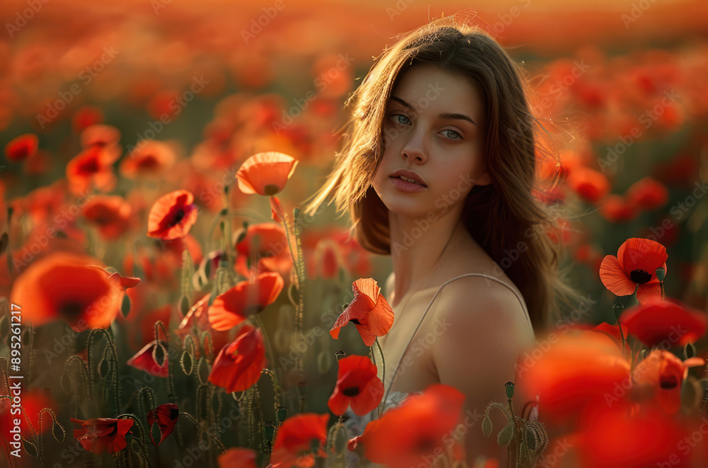 Naklejka premium Beautiful young woman in a field of red poppies
