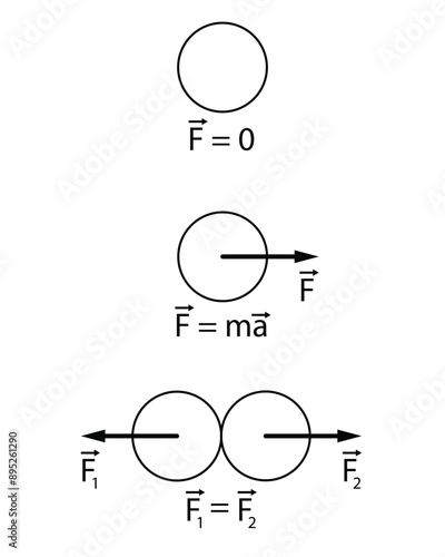 Newton's three laws of motion. Inertia, acceleration, and action and equal and opposite reaction. Force vectors with black circles as objects being acted on by an external force. White background.