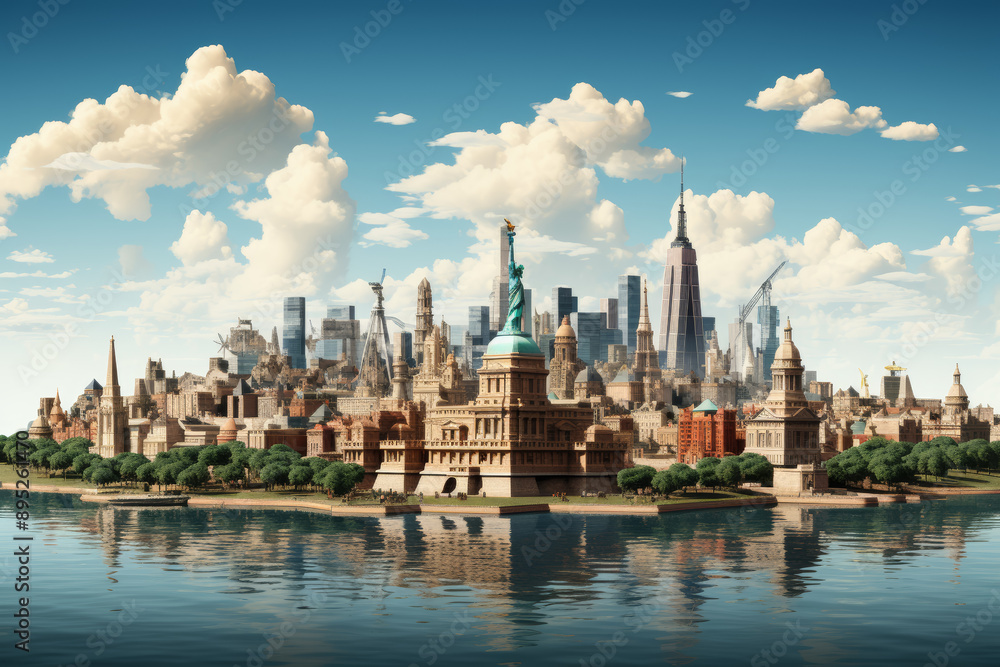 Fototapeta premium A collage of architectural wonders, featuring iconic landmarks, architectural drawings, and city skyline silhouettes, celebrating the art of building and design. Generative Ai.