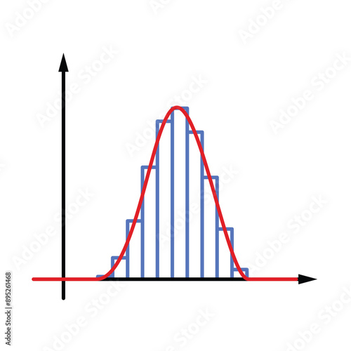 Probability distribution depiction for continuous and discrete distributions. A red continuous curve with blue squares for the discrete distribution with black x and y axes.