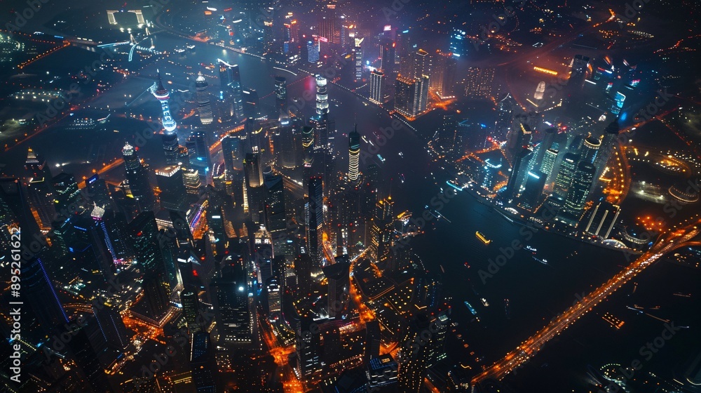 An aerial view of a city skyline at night, captured from a high altitude, showcasing a dazzling display of lights from skyscrapers, streets, and bridges reflecting in the dark water below. An aerial view of a city skyline at night, captured from a high altitude, showcasing a dazzling display of lights from skyscrapers, streets, and bridges reflecting in the dark water below.